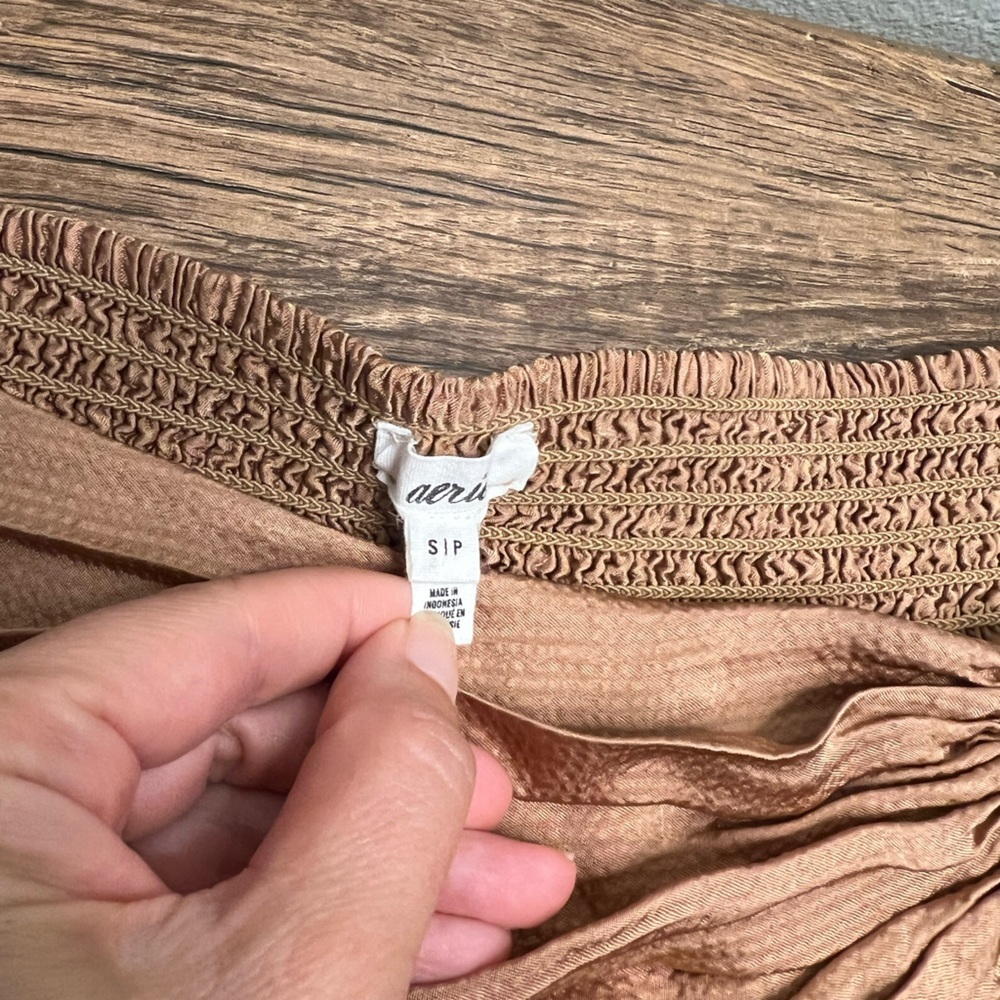 Aerie Ruched Smocked Waist Satin Mini Skirt Bronze Brown Size Small - Picture 2 of 2